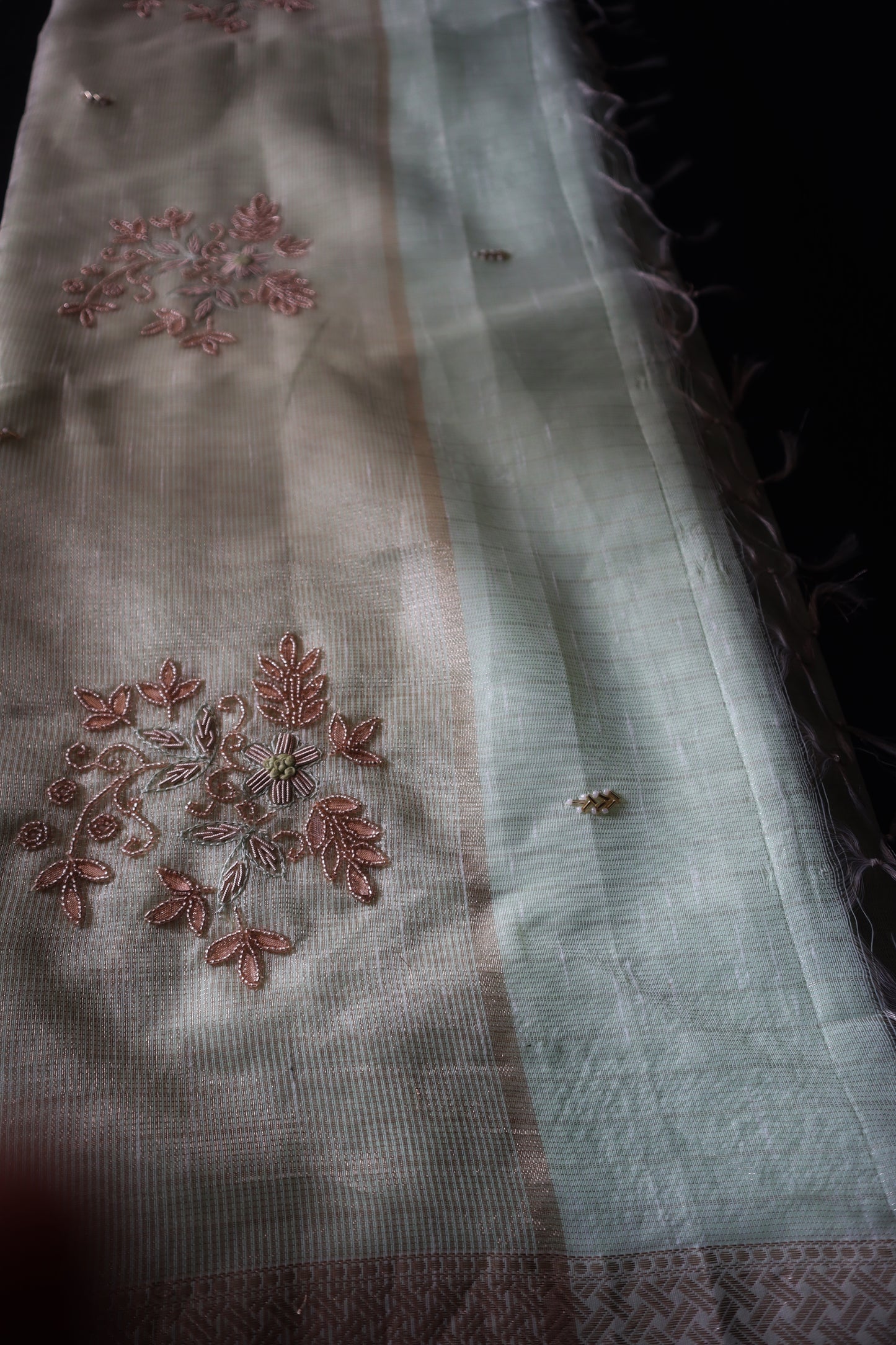 Noor-E-Zeba – Mint Tissue Saree with Rose Gold Embroidery