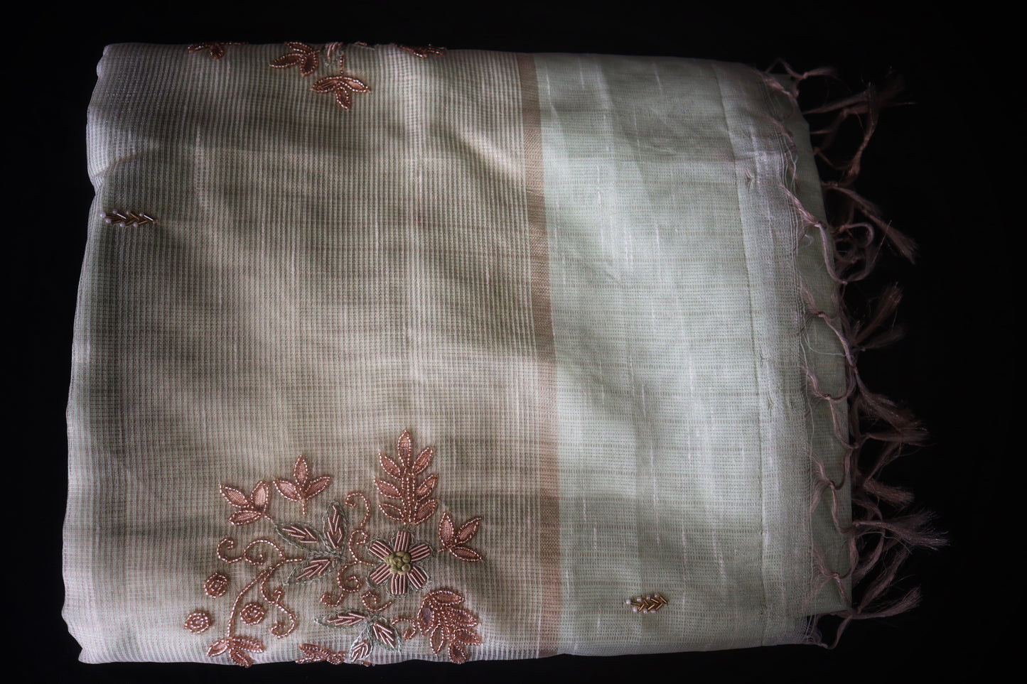 Noor-E-Zeba – Mint Tissue Saree with Rose Gold Embroidery