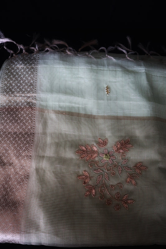 Noor-E-Zeba – Mint Tissue Saree with Rose Gold Embroidery