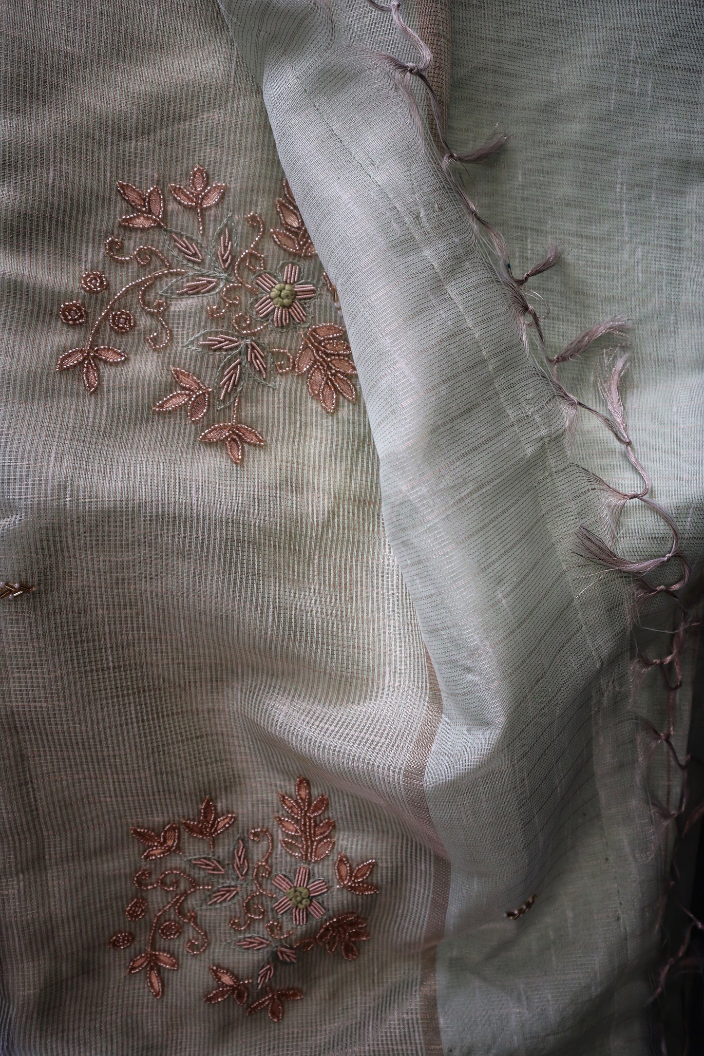 Noor-E-Zeba – Mint Tissue Saree with Rose Gold Embroidery