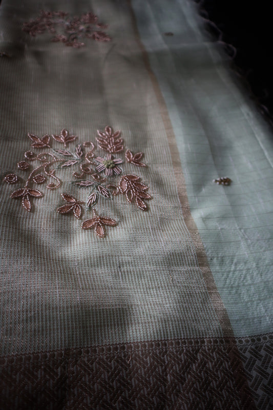 Noor-E-Zeba – Mint Tissue Saree with Rose Gold Embroidery