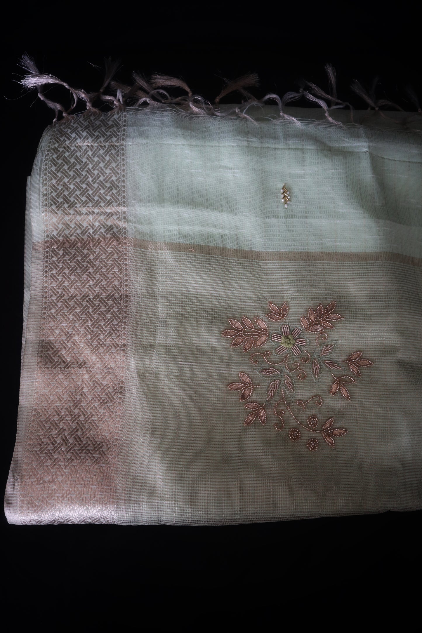 Noor-E-Zeba – Mint Tissue Saree with Rose Gold Embroidery