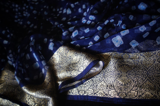 Neel Kamal – Indigo Bandhej Saree with Zari Border