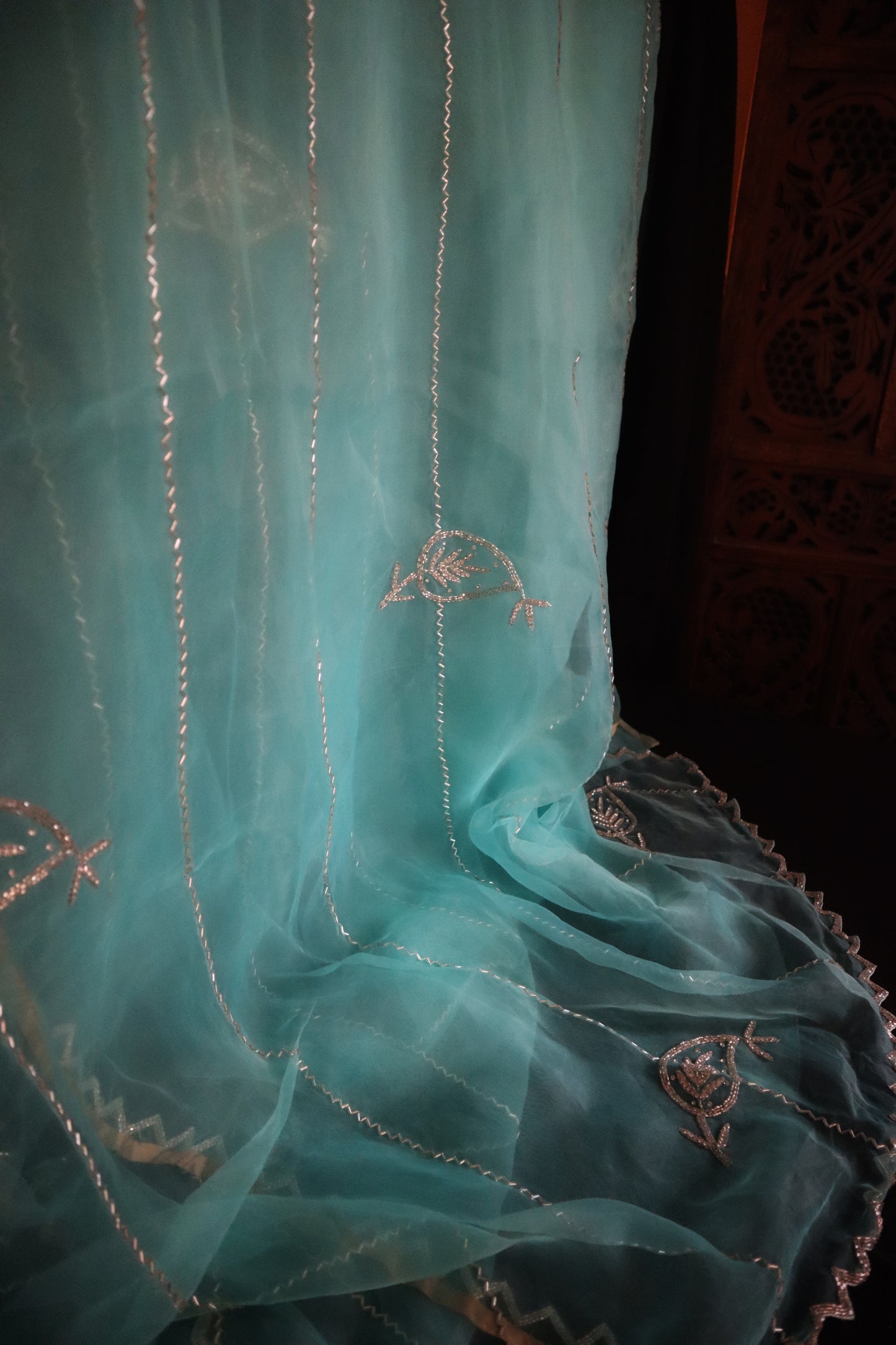 Mint Meher – Aqua Organza Saree with Silver Threadwork