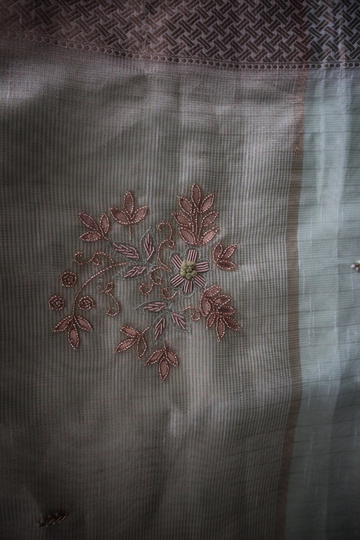 Noor-E-Zeba – Mint Tissue Saree with Rose Gold Embroidery