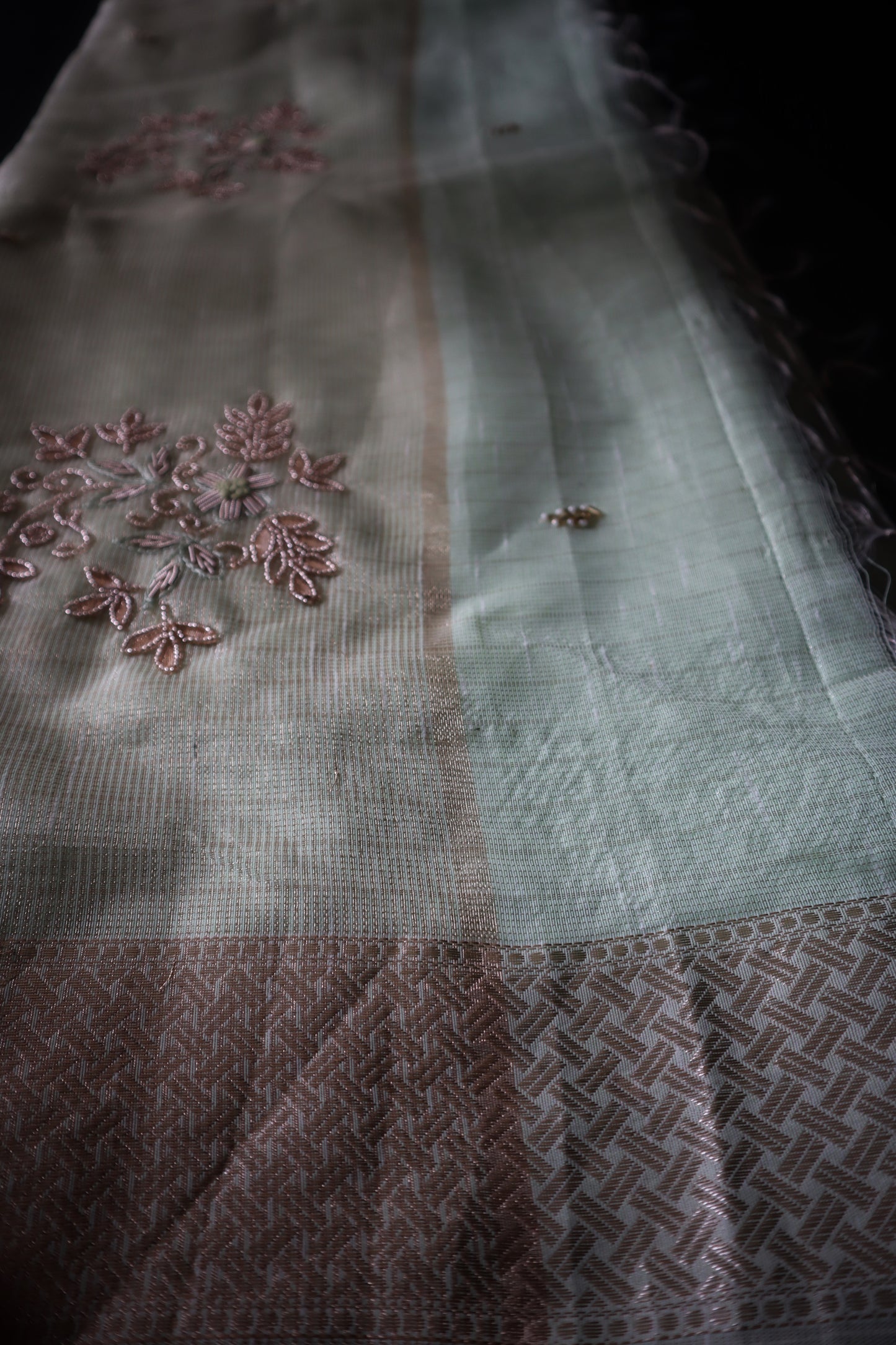 Noor-E-Zeba – Mint Tissue Saree with Rose Gold Embroidery