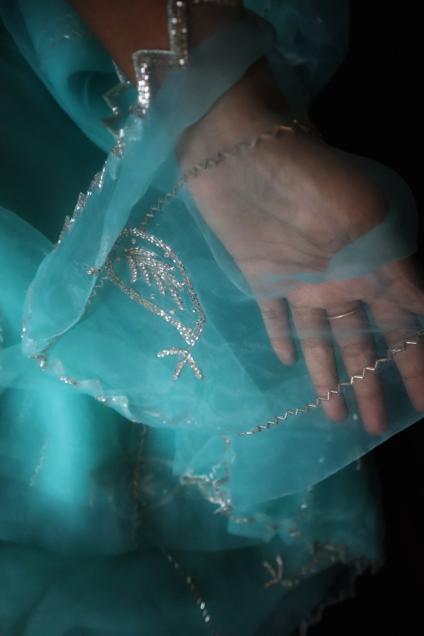 Mint Meher – Aqua Organza Saree with Silver Threadwork
